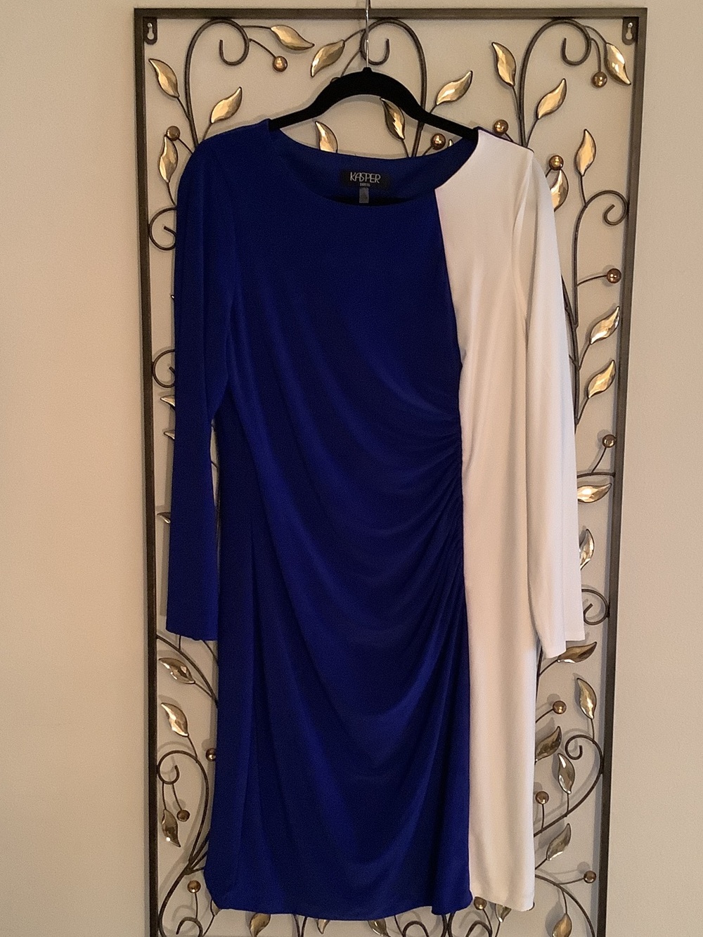 Kasper Royal Blue and White Ruched Long Sleeve Sheath Dress